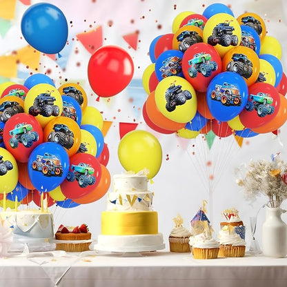 Monster Truck Balloons, 12 Inch Red Yellow Blue Orange Balloons Colorful Truck Theme Printed Latex Balloon Bouquet for Monster Truck Party Baby Shower Wedding Birthday Party Supplies