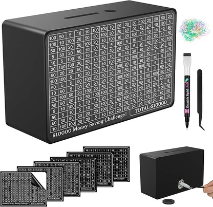 Wooden Money Saving Box, Cash Vault Savings Box for $10000 $5000 $3000 $1000 $800 $500 Target Money Saving Challenge, Reusable Money Box with Counter, Dry Erase Pen/Savings Trackers/Rubber Band-Black