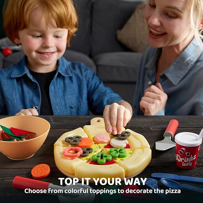 Play Food Toddler Toy - Pizza Toy with 18 Toppings - Pretend Cutting Food for Kids - Craft 'n Crust - Interactive Check Out - Play Money - Cooking Kitchen Accessories for Boys and Girls