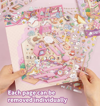 Sticker Book, 6 Sets DIY 3D House Stickers, Fun DIY Stickers Scene Make Your Own Mini House Cute Cartoon Animal Scene Sticker for Kids Adult Sticker Art Relief Stress Pass The Time