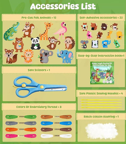 YEETIN Sewing Kit for Kids Ages 6+, Beginner Felt Sewing Craft Kit, DIY Jungle Stuffed Animals Making Set, Learn to Sew Gifts for Birthday