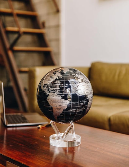 MOVA Globe – Metallic Black and Silver 4.5” | Solar-Powered Rotating Desk Globe with Minimalist Map Design | No Batteries or Cords | Modern Decor Gift