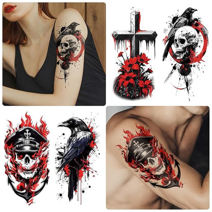 77 Sheets Temporary Tattoos for Adults and Kids, Cool Waterproof Fake Tattoos, Black and Red Trash Polka Half Arm Sleeve Small Tattoos