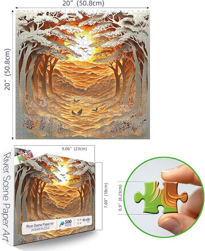 500 Piece Jigsaw Puzzle for Adults Layered Paper Art Sunset Forest Mountain Nature Landscape Challenging Puzzle for Adults Families (20" x 20")