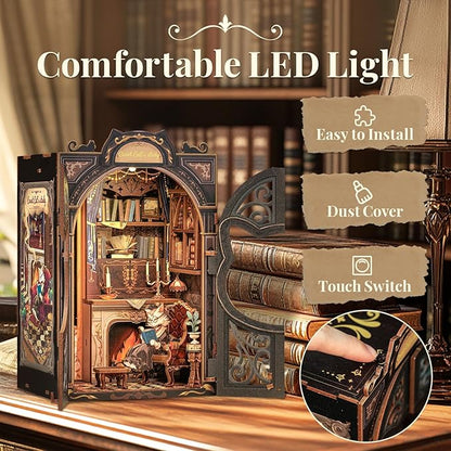CUTEBEE DIY Book Nook Kit, Miniature House Kits for Adult and Teens, DIY Miniature Book Nook kit with Sensor Led Light, Gifts for Lovers and Family (Count Cat's Study)