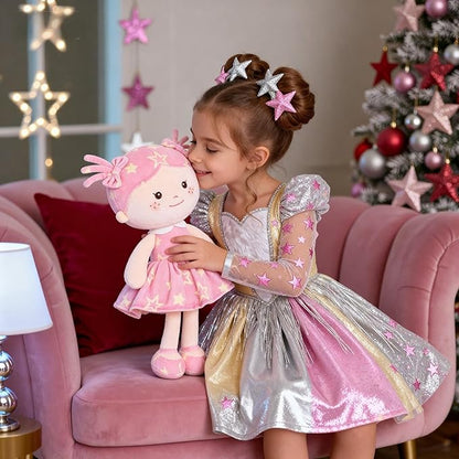 Onetoo First Baby Doll Plush Baby Girls Dolls Rag Doll Soft Baby Doll for Girls Sleeping Cuddle Buddy Doll Wear Star Pink Sleeveless Dress 14"