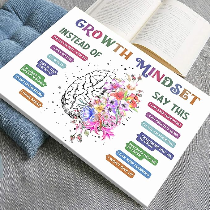 uoyien Classroom Growth Mindset Affirmations for Kids Mental Health Posters Brain Poster Psychology Special Education Calm Corner Wall Art Office Therapy Canvas Wall Decor Prints 12x16in Wood Framed
