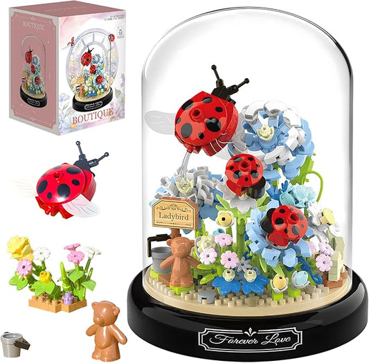 HI-REEKE Flower Ladybug Bouquet Building Block Set, Micro Mini Botanical Building Toy for Women-596 PCS