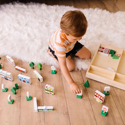 Melissa & Doug Wooden Town Play Set with Storage Tray (32 pcs) Pretend Play Wooden Town Set for Kids with Storage