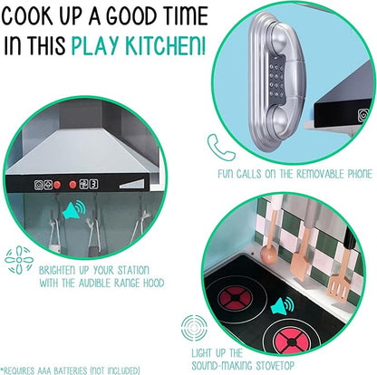 Lil’ Jumbl Kids Blue Kitchen Set, Pretend Wooden Play Kitchen, Battery Operated Icemaker, Microwave, Range Hood, Stove Top, Oven, with Realistic Sound & Lights, Pots, Pan, & Utensils Included