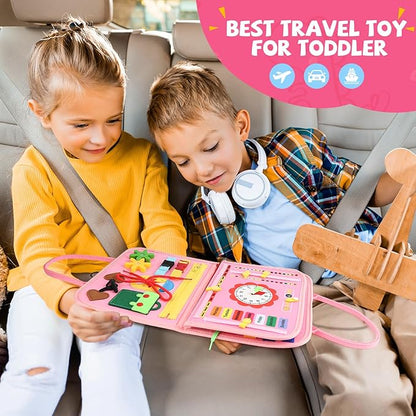 Toddler Busy Board, Montessori Sensory Toys for Boys, 1-4 Year Old Girl Toddler Travel Toys, Educational Learning Activities Board for Motor Skills, Birthday Gifts for Airplane Car, Pink