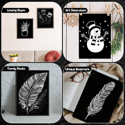 Noveread 67 Pcs Scratch Paper Art Set Scratchboard Craft Kits Black Coated Scratch Paper Wood Art Stylus and Stencils for DIY Birthday Party Gift Supplies (7.2 x 5 Inch)