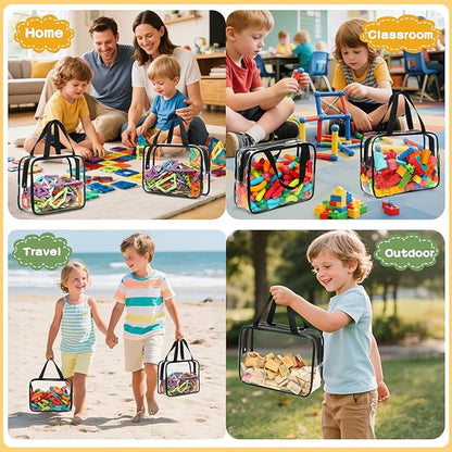Toy Storage Bags - 6 Packs Toy Storage Organizer with Labels & Pen for Kids, Reusable Clear PVC Board Game Storage with Zipper, Waterproof Travel Bags for Building Blocks, Puzzles (Black)