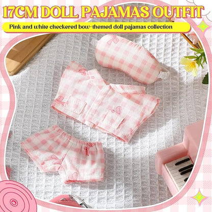 17cm Doll Clothes Pajamas Set with Pants Eye Mask Good Night Bedding Clothes Outfit Gifts Fits Most 17cm Dolls Accessories for DIY Dress up Lovers(Pink Bow)