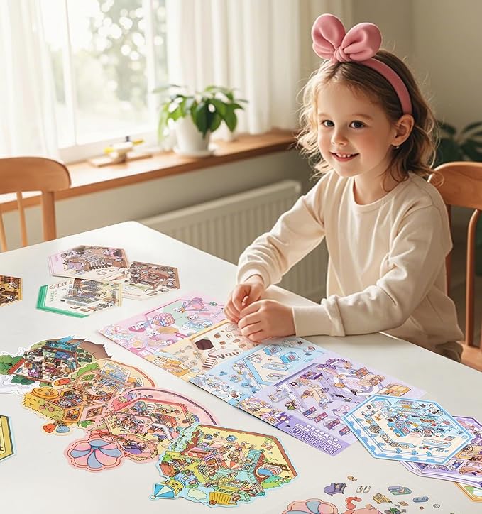 DIY 3D House Stickers, 4 Sets Fun DIY Sticker Scene Make Your Own Mini House Cute Cartoon Animal Scene Stickers for Kids Adult Sticker Art Relief Stress Pass The Time