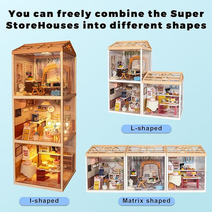 DIY Miniature House Kit Plastic House Building Toy Set with Roof & 2 Doors, Mini Dollhouse Kit with LED for Mini Figures Construction Toys Diorama Kit Gifts for Teens Adults (Happy Garden)