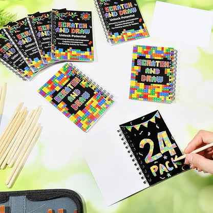 Pasimy 24 Set Scratch Art Party Favor Gifts for Kid Building Block Scratch Notebook Bulk Paper Craft for Girl Boy Classroom Prizes Goodie Bag Stuffer Christmas Birthday Party Favor