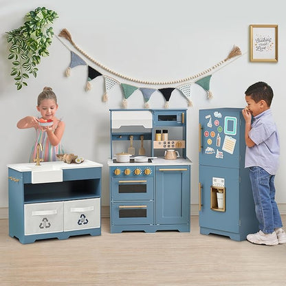 Teamson Kids Little Chef Atlanta Modular Wooden Play Kitchen, 3-Piece Pretend Set with 17 Accessories, Blue/White/Gold, Realistic Features for Toddlers & Kids, Cocina de Juguete Moderna