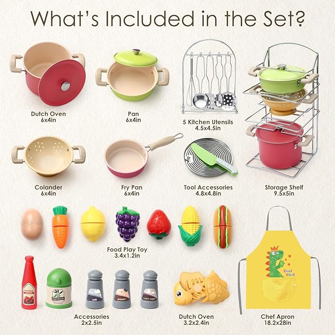 Golray Play Kitchen Accessories, Play Food Sets for Kids Kitchen Playset with Pots and Pans Set, Cooking Utensils, Organizer, Food Toys, Apron & Condiments, Birthday Gifts for Girls Boys Toddlers