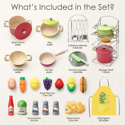 Golray Play Kitchen Accessories, Play Food Sets for Kids Kitchen Playset with Pots and Pans Set, Cooking Utensils, Organizer, Food Toys, Apron & Condiments, Birthday Gifts for Girls Boys Toddlers