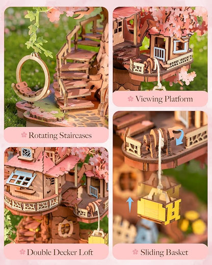 Rolife DIY Miniature House Kits Sakura Tree House 12" 3D Wooden Puzzles for Adults, Japanese Cherry Blossom Model Building Kit, Bonsai Craft Home Decor Gifts for Adults Family