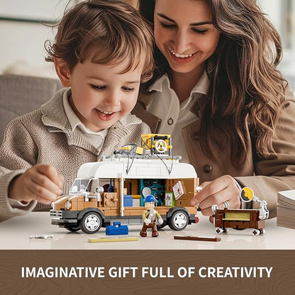 FUNWHOLE Carpentry Van Lighting Building-Bricks Set - Farm Woodworker Car Collectible Display Set 496 Pcs for Adults and Teen