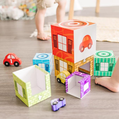 Melissa & Doug Nesting and Sorting Garages and Cars with 7 Graduated Garages and 7 Stackable Wooden Cars - FSC Certified