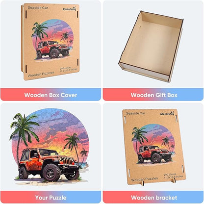 Wooden Jigsaw Puzzles-Seaside Car,500pcs,16.5x16.5in,Royal,Wooden Puzzles for Adults,Unique Shape Animal Adult Puzzles,Irregular Wood Puzzles Best Gift for Adults and Kids Family Gam