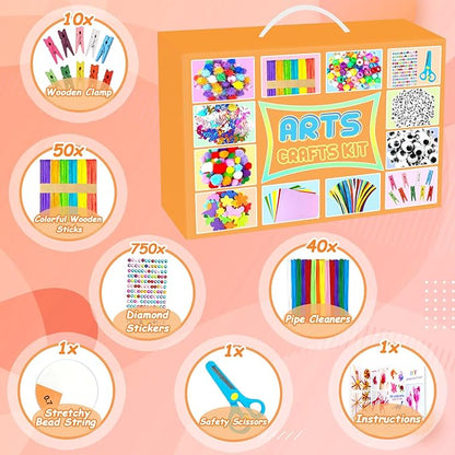 2000 PCS Arts and Crafts Supplies for Kids All-in-1 Craft Kit with Pipe Cleaners Craft Box Set DIY Crafting Supply School Supplies Toys Gifts for Girls Boys Ages 4-6, 6-8, 8-12, Orange