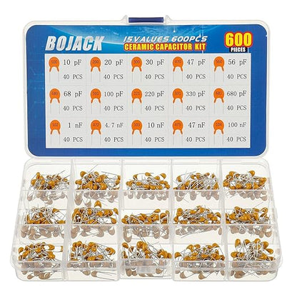 BOJACK 15 Type Values 600Pcs Ceramic Capacitor Assortment Kit Capacitors from 10pf to 100nF in a Box