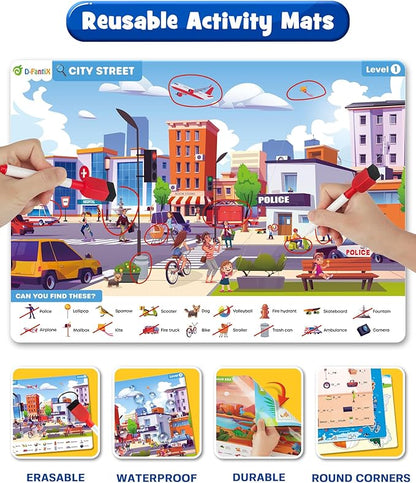 Preschool Learning Activity - Search and Find Book, Reusable Learning & Education Toys, Travel Game for Road Trip Car Airplane, 24 Activity with 4 Dry Erase Markers, Birthday Gifts for Kid Ages 3-6