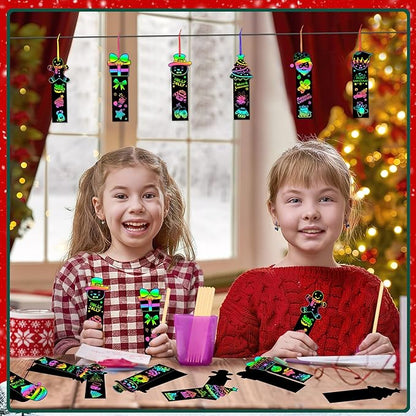 AUGSUN 96Pcs Christmas Scratch Bookmarks, Cute Tree Santa Snowman DIY Crafts Kit Rainbow Magic Scratch Paper Art for Xmas Hanging Ornaments Party Favors