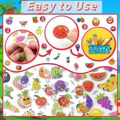 36 Sheets 3D Fruit Stickers for Kids (900+), Bulk Puffy Stickers with Funny Faces for Classroom, Crafts, Party Favors - Apple, Banana, Strawberry