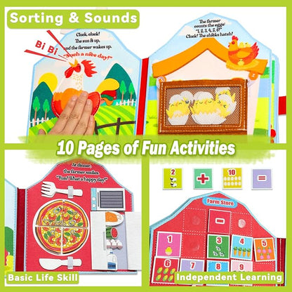 Busy Board for Toddlers 1-3, Farm Animals Quiet Busy Book for 1 Year Old, Felt Montessori Toys Educational Learning Activity Books, Airplane Car Travel Toys for Boys Girls Kids Birthday Gifts