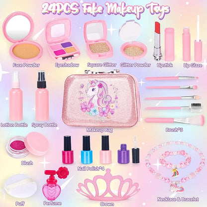 Pretend Makeup for Toddlers, Kids Pretend Makeup Kit for Girls Fake Makeup Toys with Cosmetic Bag, Play Makeup for Little Girls Age 3 4 5 6 7 Christmas Birthday Gifts Toys (Fake Makeup)