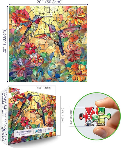 Stained Glass Flower Hummingbird Puzzles for Adults 500 Pieces - Colorful Mosaic Jigsaw Puzzle & Family Fun - Challenging & Unique with Letters on Back Puzzle- 20x20 Inches