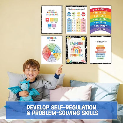 Set 12 Calming Corner Posters for Classroom Must Haves For Teachers, Composition Notebook Classroom Decor, 10x12 Calm Down Corner Supplies, Feelings Chart For Kids Ages 4-8, Feelings Wheel Poster