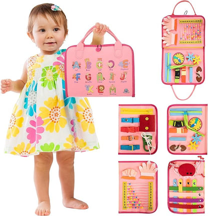 Montessori Busy Board Book, Toddlers, Sensory Activities and Preschool Learning - Toy for Home, Airplane and Car Travel (Pink)