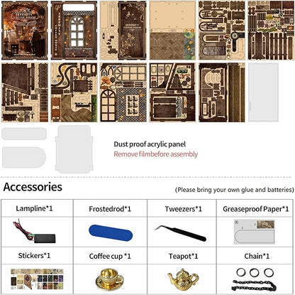 ISSEVE Book Nook Kit, DIY 3D Wooden Puzzle Dollhouse Booknook for Adults, Tiny Miniature House Kit Bookshelf Decor with LED Light and Dust Cover, Gifts for Family and Friends (Coffee House)