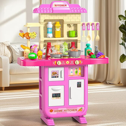 36 in Kids Kitchen Playset for Ages 2-6 4-8, Play Kitchen with Light, Sound and Spraying, Sink Toy Accessories, Cooking Stoves, Pretend Food Toys for Toddlers 1-3 3-5 Boys Girls 6-12 (Pink)