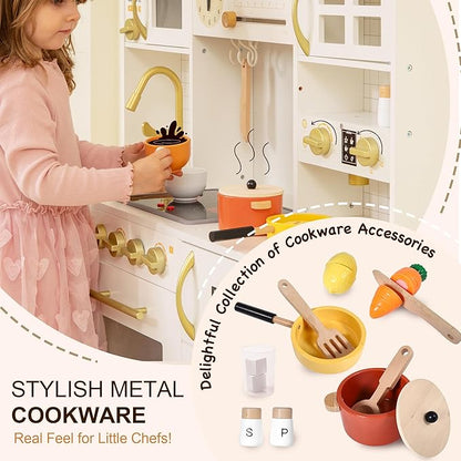 Kids Wooden Play Kitchen Set with Oven, Ice Maker & Coffee Maker - Pretend Cooking Toy Gift for Toddlers 3+ Years