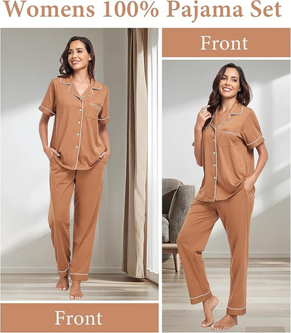CF Womens 100% Cotton Pajamas Set Button Down Pjs Sets Short Sleeve Top & Long Pants Sleepwear Comfy Loungewear with Pockets