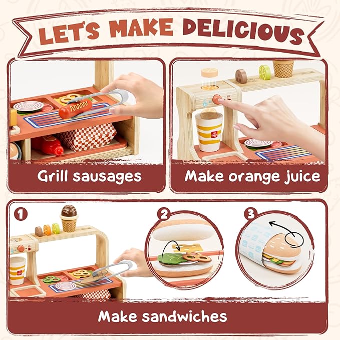 Lehoo Castle Wooden Play Food Sets, Play Hamburger Counter Shop, Toy Food for Toddlers, Play Food Sets for Kids Kitchen, Fake Food Pretend Play for Toddlers 3-5