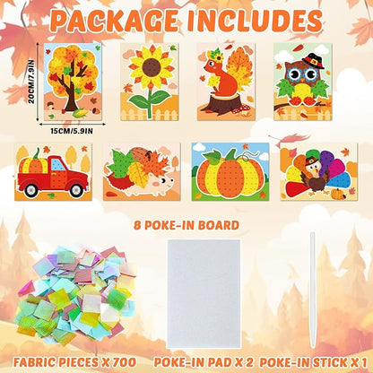 8PCS Poke-in Craft Art Kit Kids Fall Thanksgiving No-Mess Fabric Sewing Girl Boy 4-12 Puzzle Puncture Painting DIY Turkey Pumpkin Fall Harvest Toy Gift Creative Activity Game Birthday Party