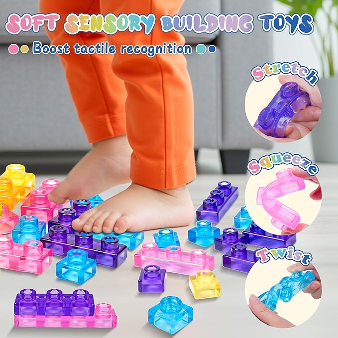 40 PCS Sensory Soft Building Blocks for Toddlers, Montessori Squishy Stacking Toy Set for Kids, Squeezable & Stretchable Early Learning Construction Playset, Multicolor Puzzle Blocks for Creative Play