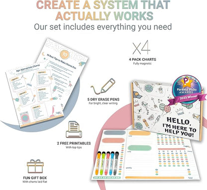 Magnetic Chore Chart Set for Multiple Kids & Adults - 4pcs Dry Erase Boards - Memo Sheet & To-Do List Whiteboard - Family Fridge Organizer - 5 Fine Tip Markers - Reward Good Behavior & Responsibility