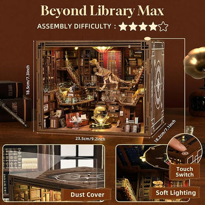 DIY Book Nook Kit, Miniature Dollhouse Booknook Kit, 3D Wooden Puzzle Bookend Bookshelf Insert Decor with LED Light for Teens and Adults (Beyond Library Max)