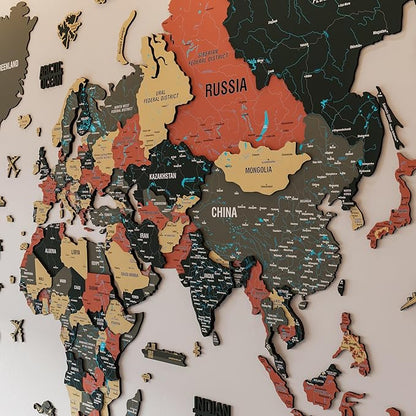 Colorfull Worlds 3D Wooden World Map Wall Art - Premium Multicolored World Travel Map for Wall Decor with Push Pins- Ideal Housewarming Gift & Travel Tracker (Medium, Sage)