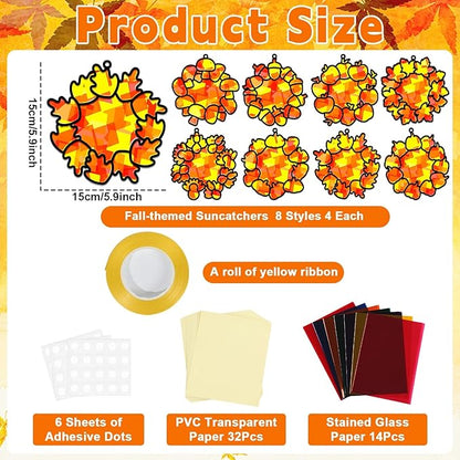 32 Sets Fall Thanksgiving Wreath Suncatchers Craft Kit DIY Window Stained Glass Effect autumn Wreath Paper Crafts Home School Classroom Decoration Kid Birthday Gift Creative Art Project Activity Game