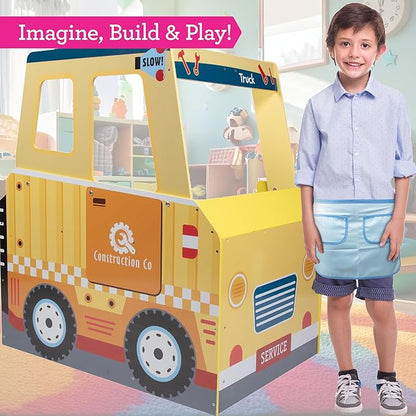 Construction Truck Wooden Playset w 60+ Toy Pieces- Pretend Hammer Saw Bolts, Screws- Spinning Turn Saw, Steering Wheel, Wood to Pull Apart- Dual Sided Stand Center, Workbench Building Kids Xmas Gift